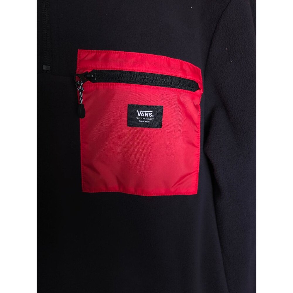 Vans Mens Black & Red Fleece Pullover Jacket Small Half-Zip Chest Pocket Drawstr - Picture 2 of 9